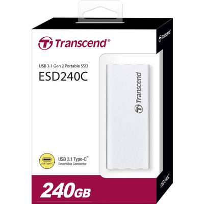 Transcend ESD240C portable SSD, 240 GB, USB 3.1 Type-C, shown in white packaging.