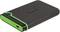 Black external hard drive with green trim, USB connection, Transcend logo on the top surface.