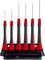 A set of six screwdrivers in various sizes, black and red, stands on a black stand. Suitable for precision work.