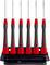 'Five red and black screwdrivers in a black holder.'