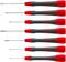 Eight screwdrivers in various shapes and sizes, each with a black handle and red details, arranged horizontally.