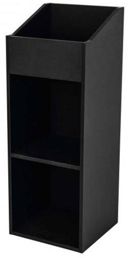 A black, upright wooden shelving unit with two open compartments and a bevelled top, suitable for storage or display.