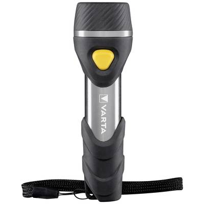 'Torch with black and silver design, yellow switch and VARTA logo; with carry loop at the end.'