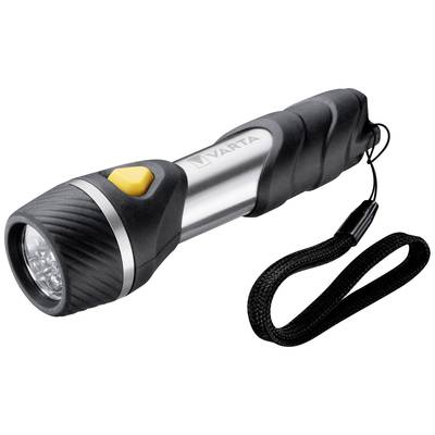 A black and silver torch with a yellow button and a carrying loop, branded with the manufacturer name 'Varta'.