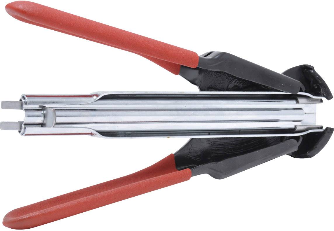 Pliers with red handles, used for metalworking, showing an open, ready-to-use position.