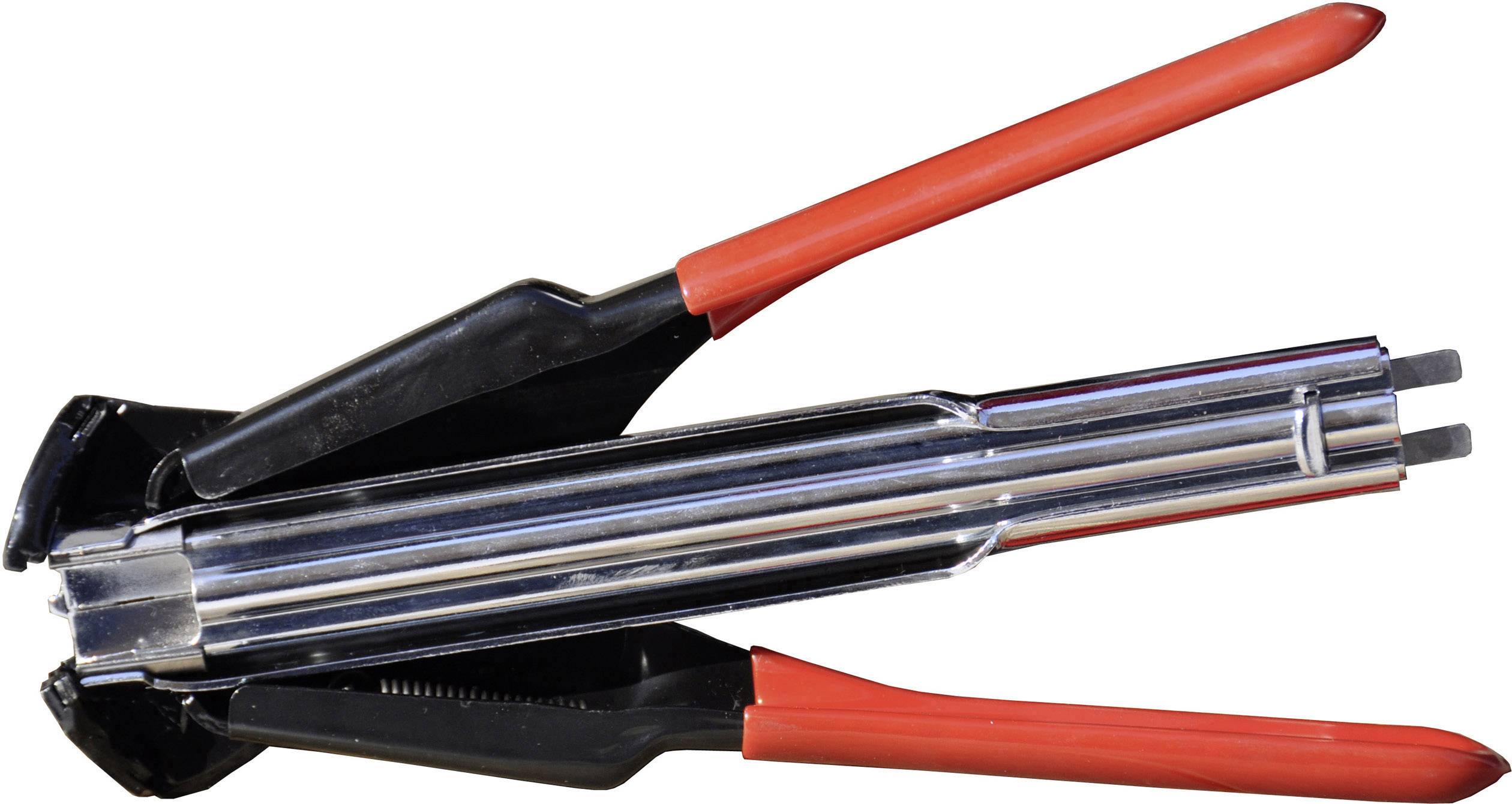 A red and black mechanical wire cutting pliers rests on a white background.