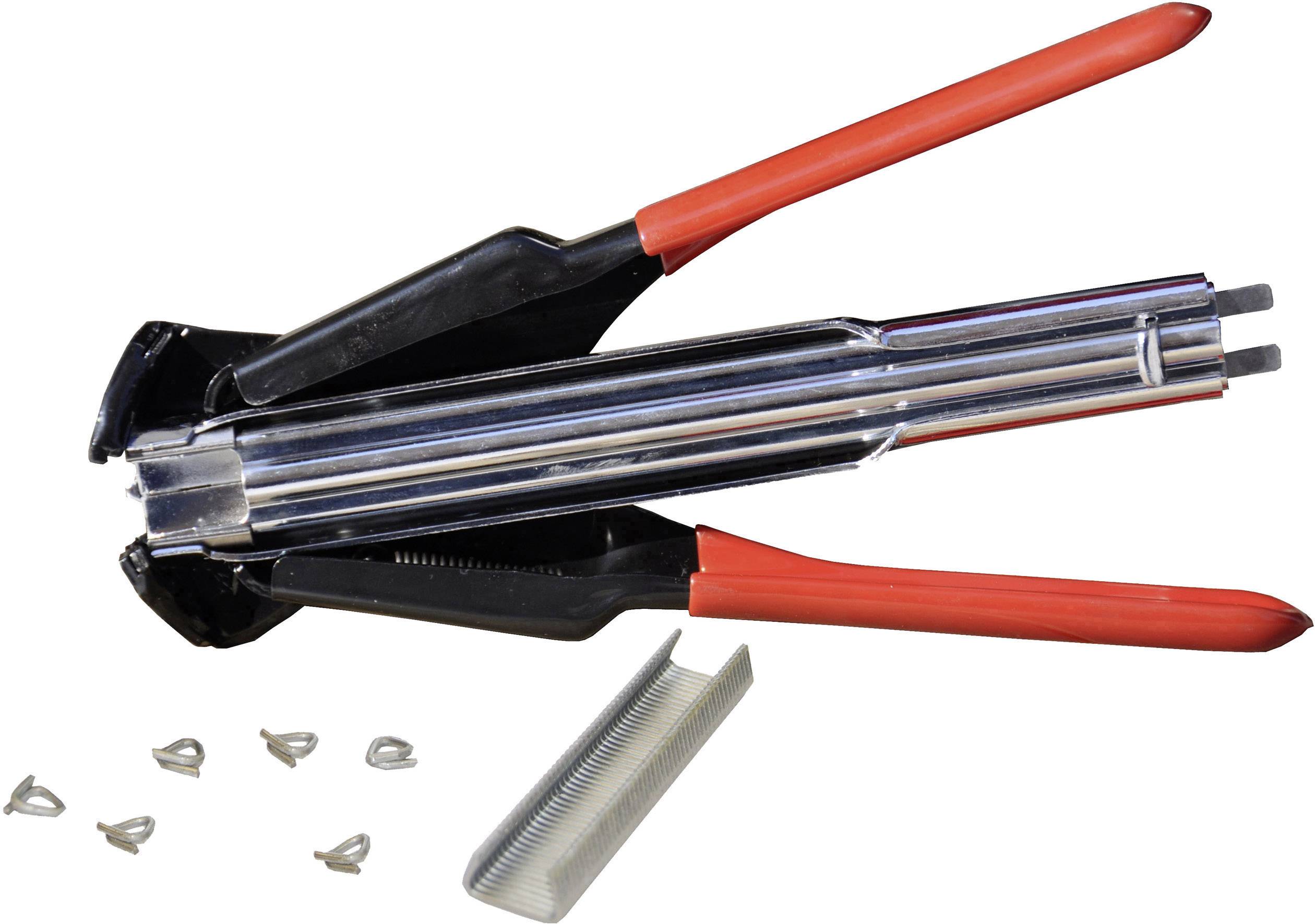 Hand tool with red handles for closing wire rope loops, including metal combs and clips for securing rope ends.