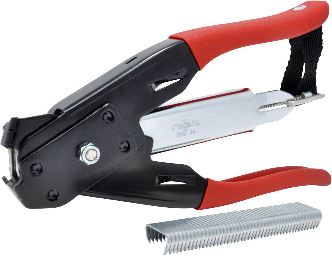 Hand stapler with red handles, suitable for fixing fabric or film. Below, a row of staples.