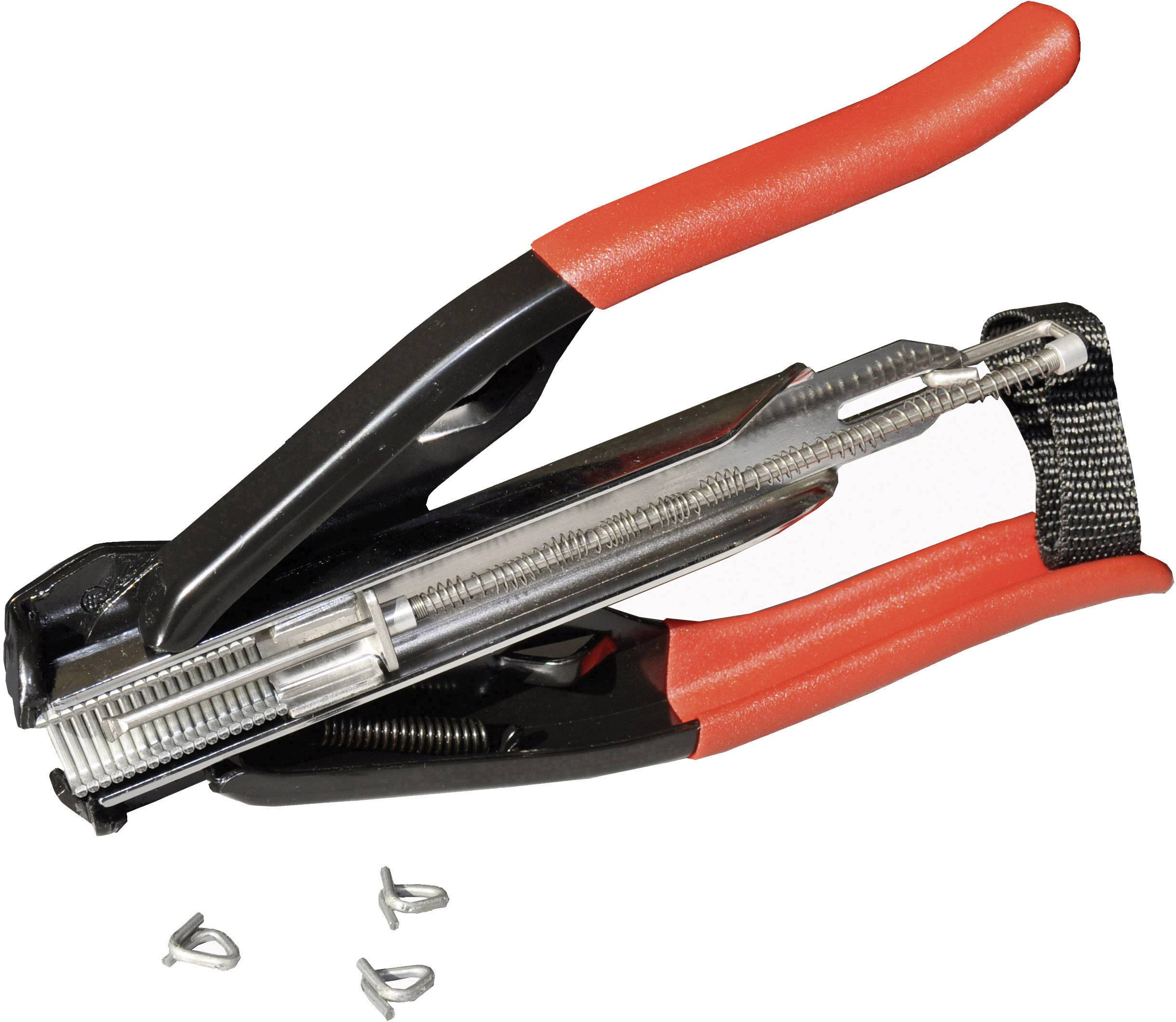 Hand tool with red handles for connecting fence elements with staples. Three staples are placed beside it.