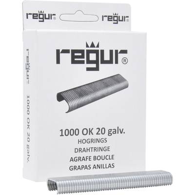 Package of 1000 galvanised wire staples, brand 'regur', model OK 20. Stack of galvanised staples shown.