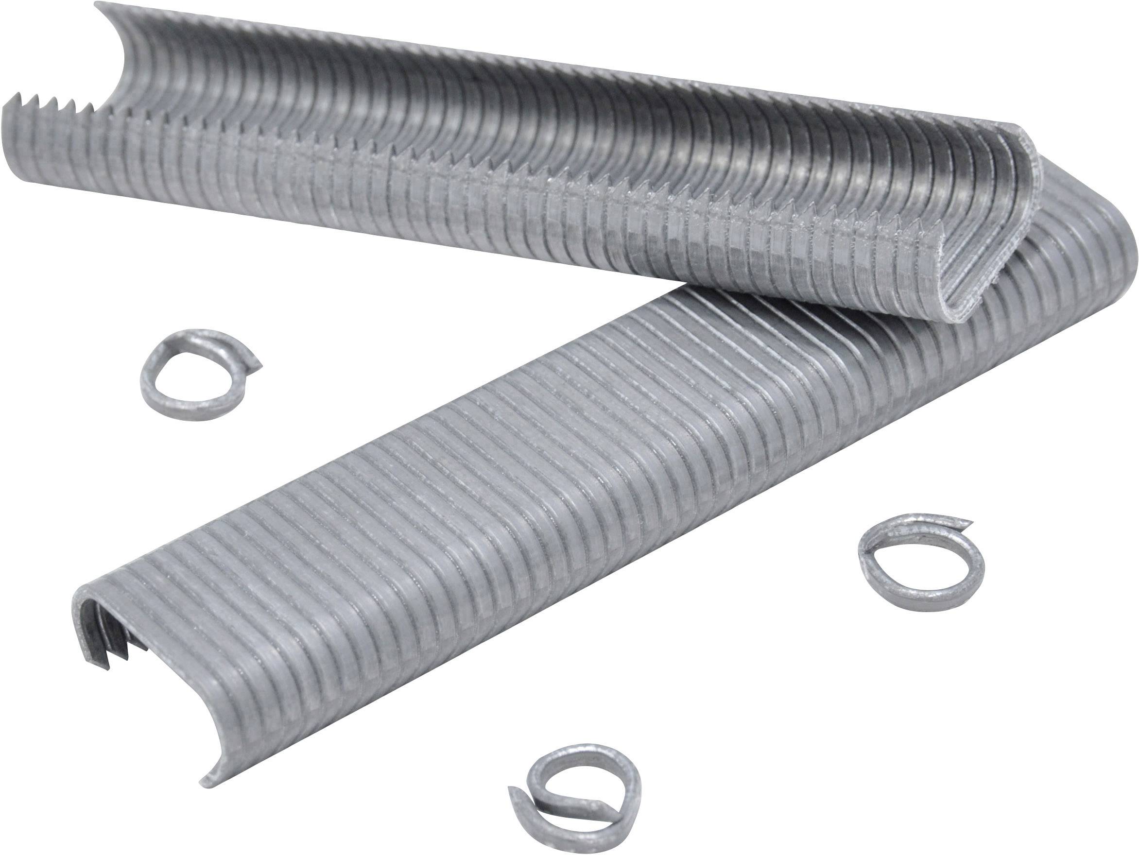 Metal staples with rounded backs, partially unfastened. Several individual staples are lying beside a stack on a white background.