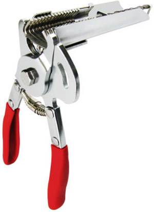 Metal cutting tool with red handles and an adjustable blade, used for cutting materials such as wire or sheet metal.