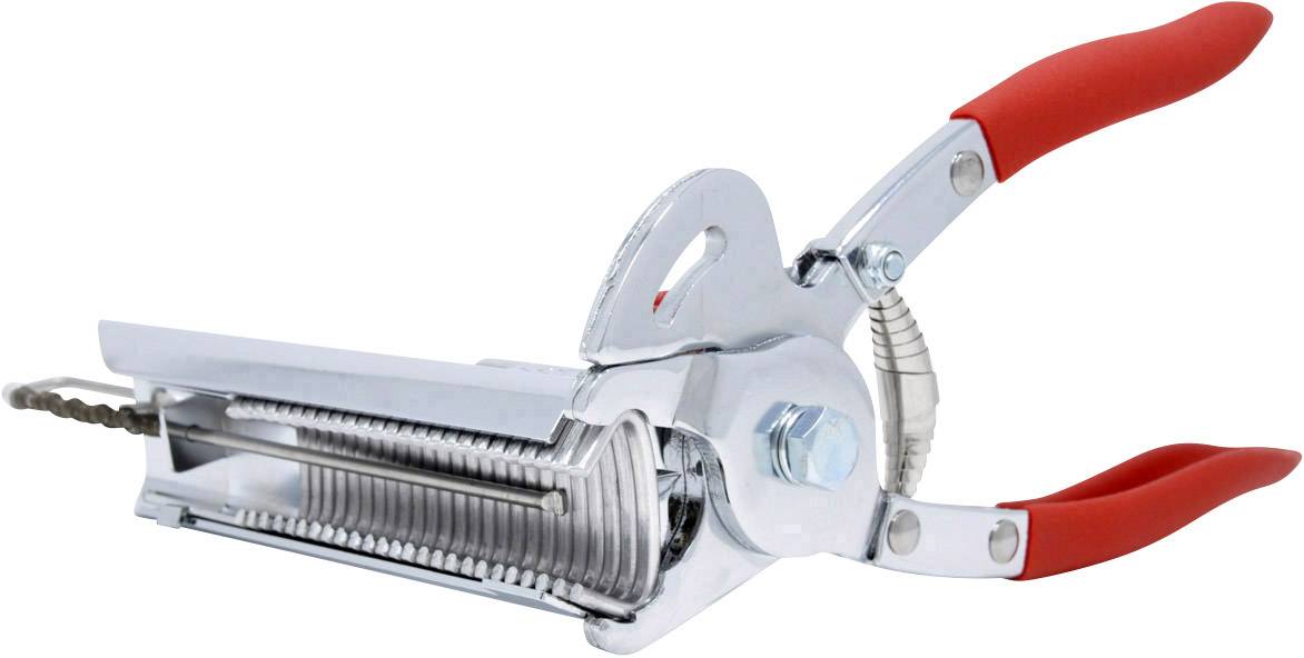 Hand tool with red handles and blades, presumably a manual kitchen device or tool.