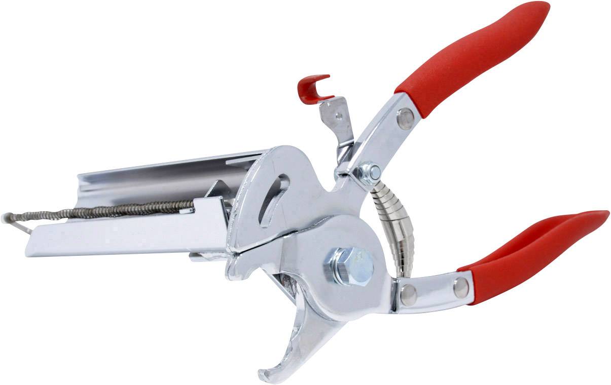 A pair of pliers with a metallic body and red handles. They are often used in gardening work.