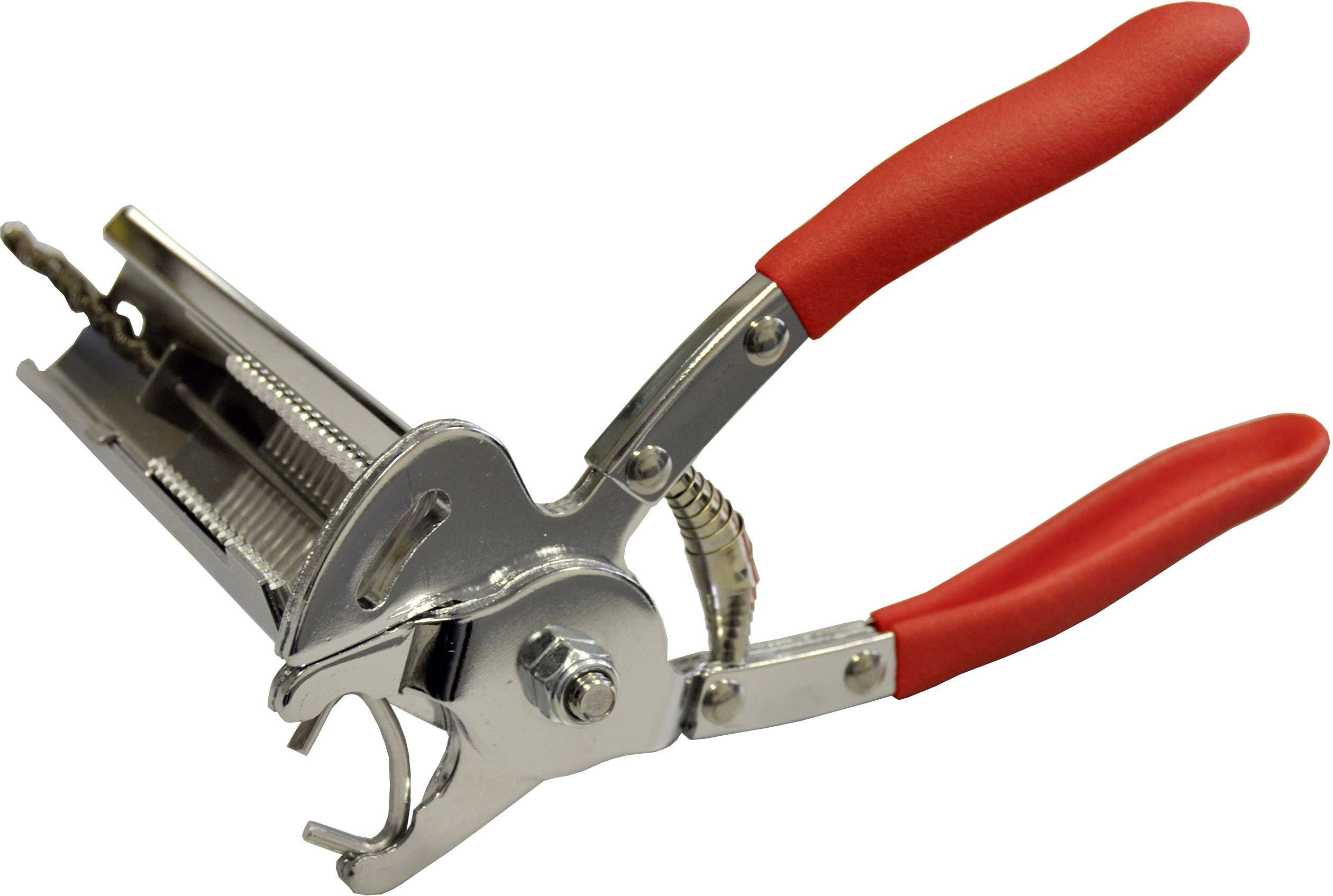 A silver and red stapler with a red handle shows an open mechanism, ready to fasten paper.