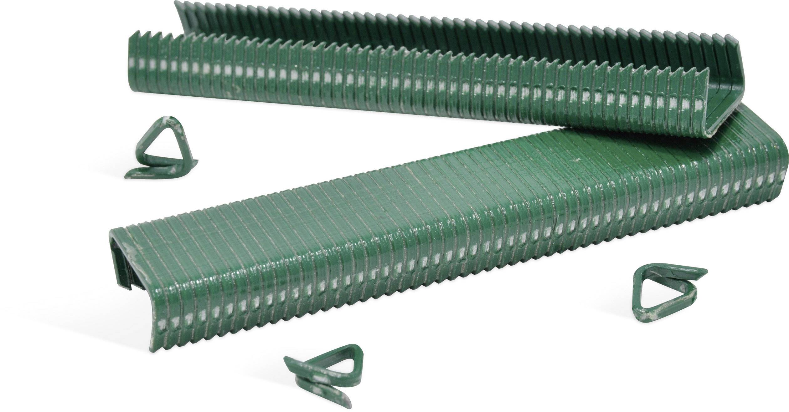 Two stacks of green, robust staples lie crossed on a white background. A few individual staples are scattered nearby.
