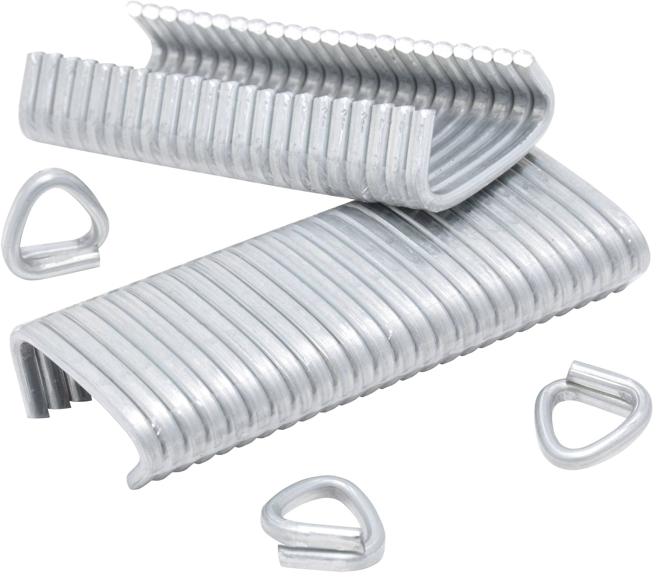 Metal staples and triangular connected steel rings, often used in packaging machines.