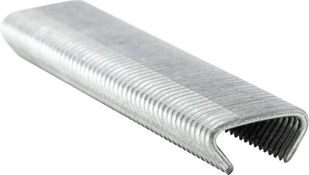 A single silver staple in close-up, viewed from an angle. It is made of metal and has a rectangular shape.