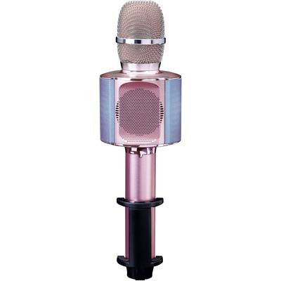 Pink, wireless microphone with integrated speaker, suitable for karaoke and mobile applications.