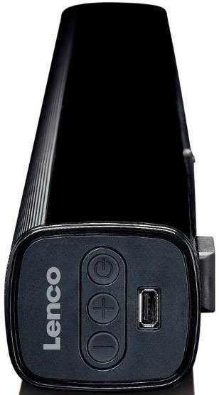 Black portable speaker with three buttons and USB port at the front, labelled 'Lenco' on the side.
