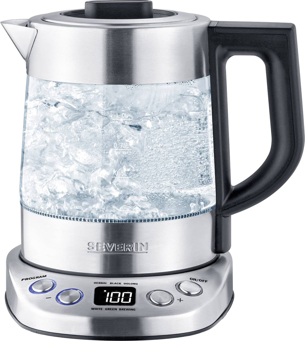Electric kettle with glass casing, boiling water and digital display. Control buttons on the base for programmes.