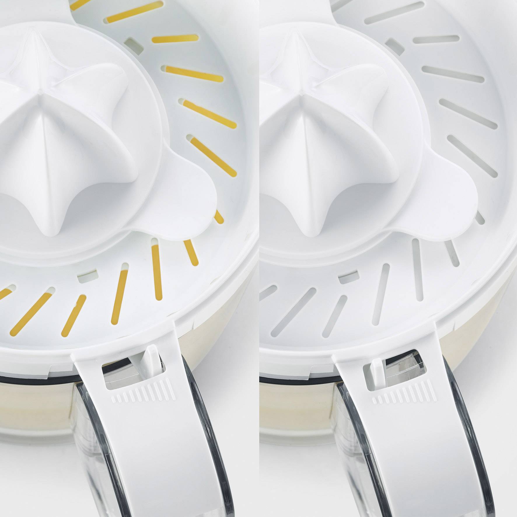 Two white lemon squeezers made of plastic, positioned side by side. The left one has yellow details. Objects are situated on a light surface.