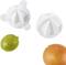 A lime holder and an orange holder next to two white plastic citrus juicer attachments.