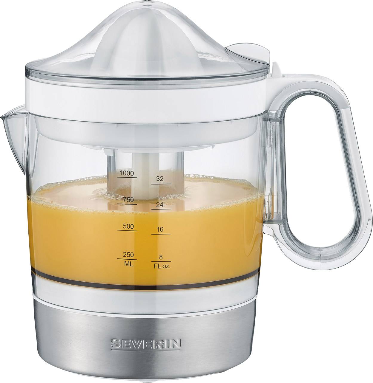 Electric citrus press made of transparent plastic with scale, half-filled with orange juice. Suitable for easy juicing.