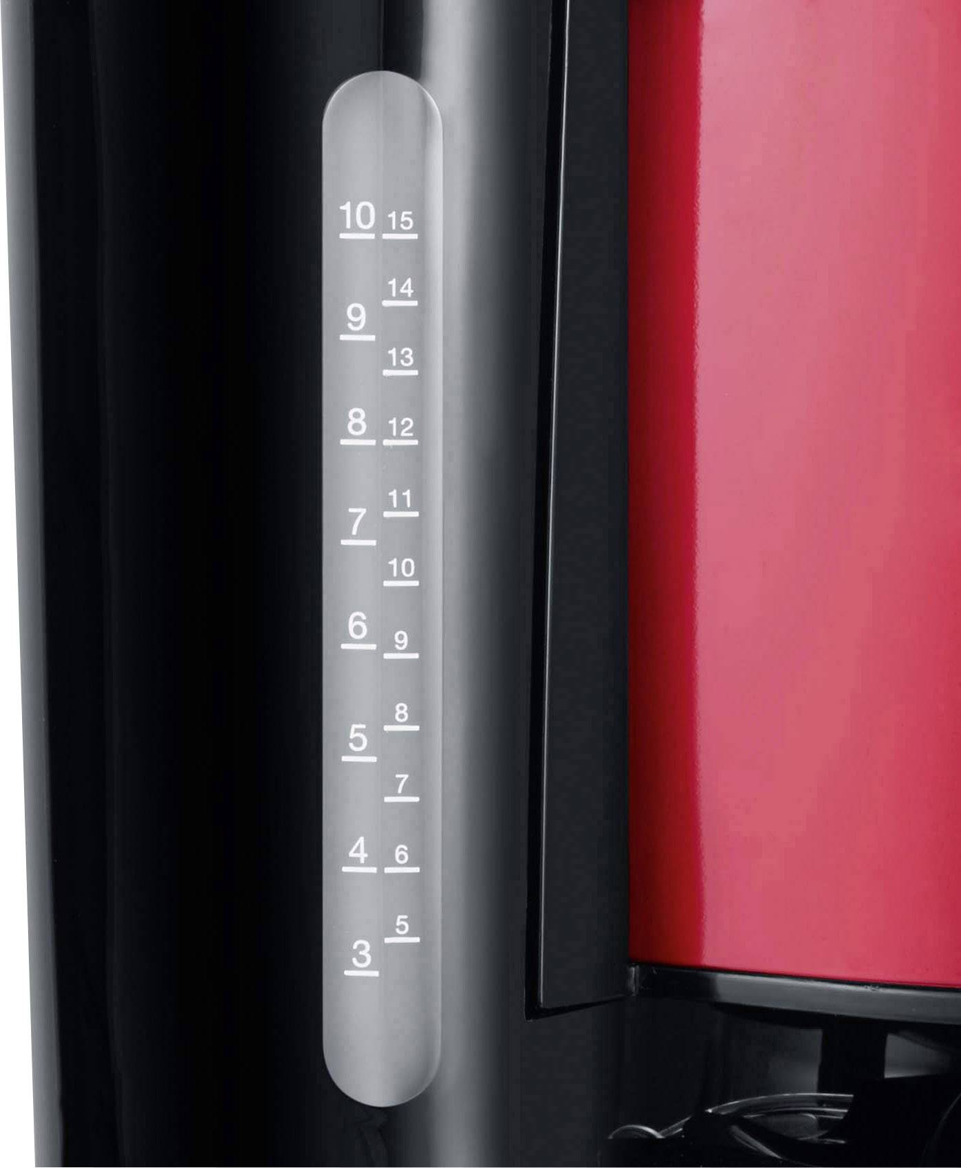 A water level indicator on a coffee machine shows a filling capacity of 3 to 10 cups.