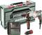 'Metabo' drill set with green carry case. Contains drill bits of various sizes, drill machine, spare parts, and tool bag.