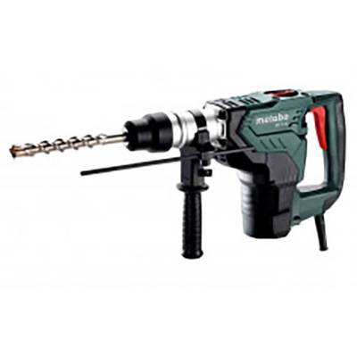 A green electric power drill with a red handle and a spiral drill bit, ready for use on construction sites.