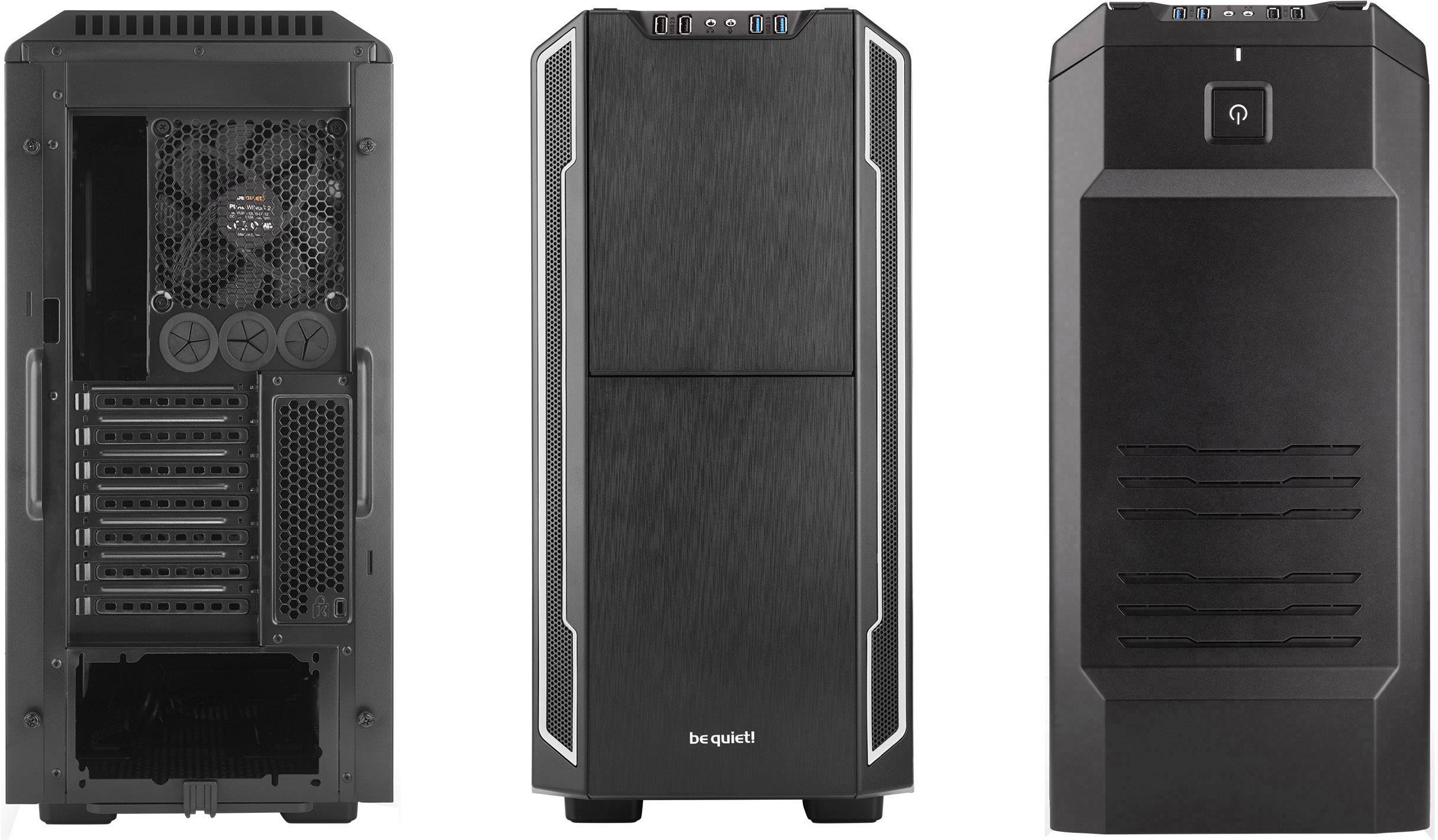 Three views of a computer case: rear side with connection ports, front side with ventilation grilles and power switch.