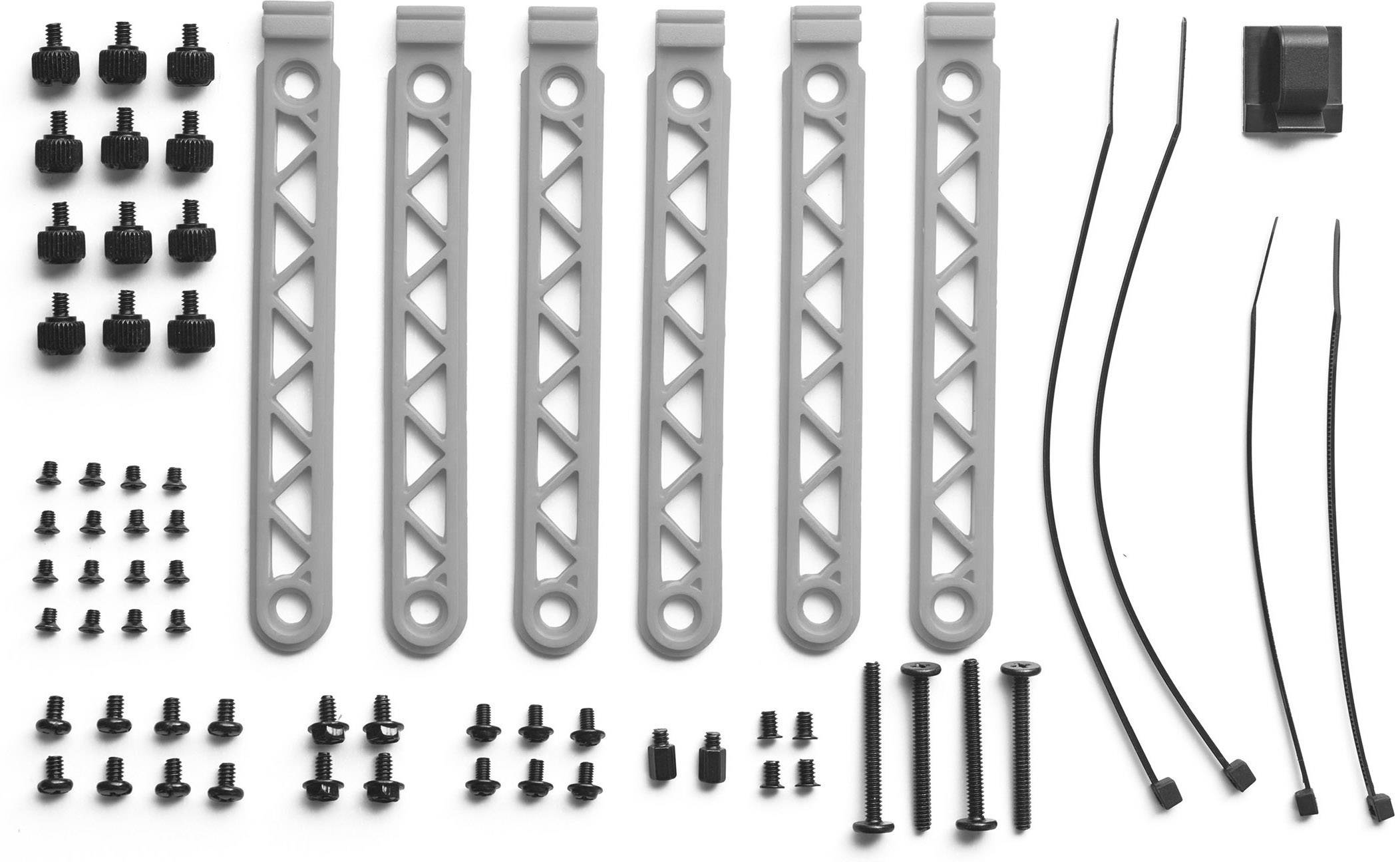 A set of six grey plastic arms, screws, threads and cable ties, likely for a model-building project or a repair.