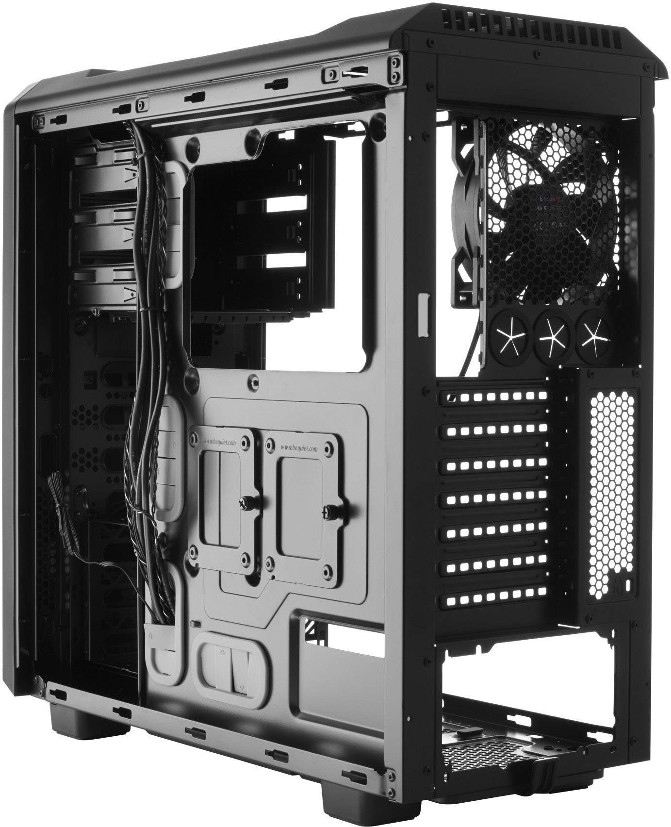 Black, open PC case with visible fans and cables.<br><br>Note: This is already in British English, so no significant changes were required.