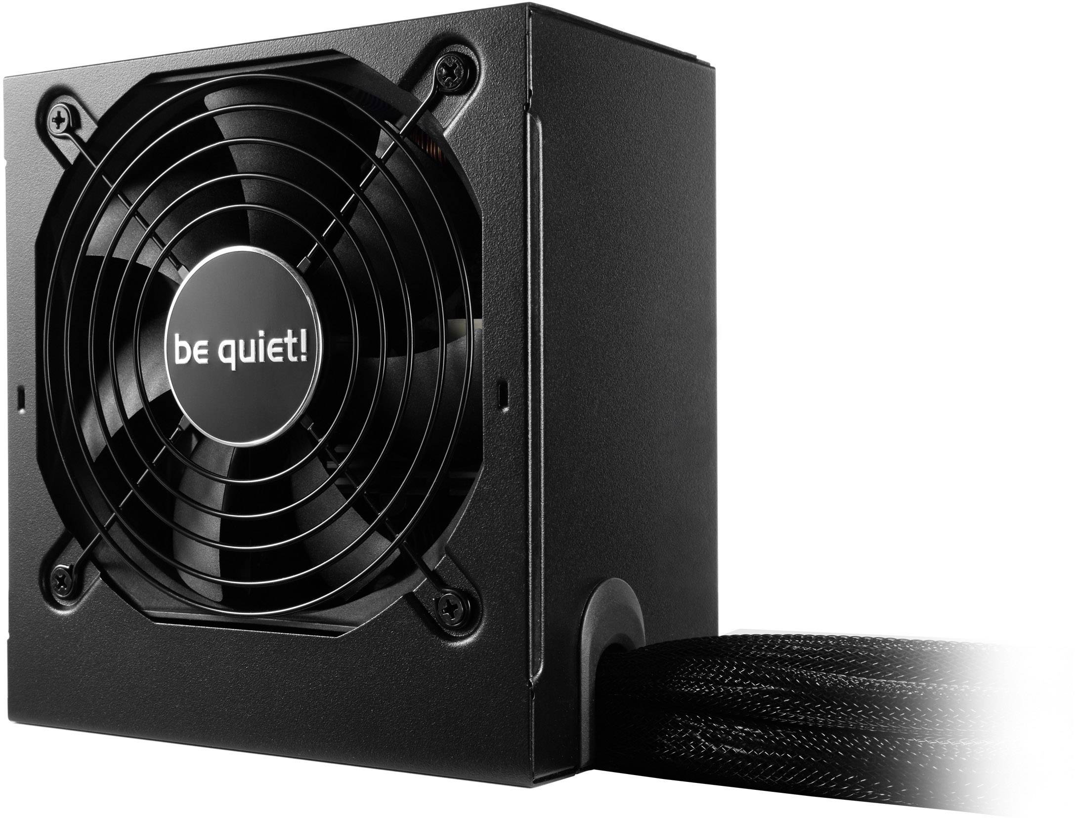 Black 'be quiet!' computer power supply with fan, side cable outlets; optimal cooling and low-noise operation.