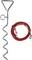 Metal ground stake with spiral point and red rope with carabiners, for securely tethering pets outdoors.