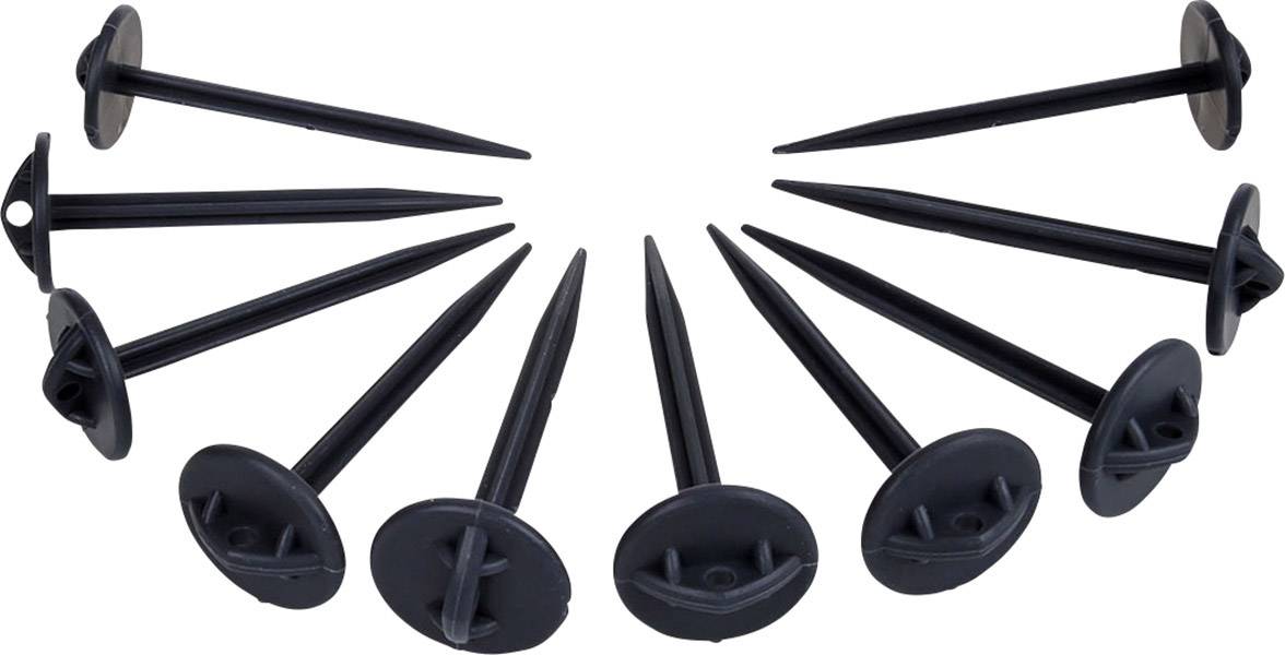 Black plastic pegs arranged in a fan-like pattern; used for securing landscaping fabric in the garden.