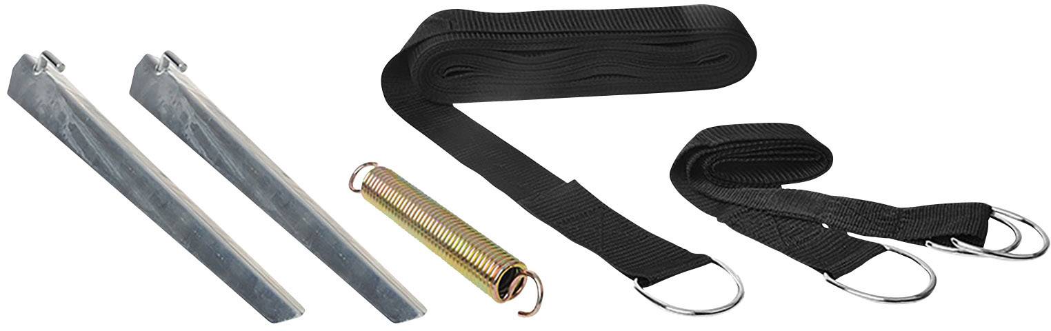 A set comprising two metal anchors, a metal spring, and two black nylon straps with D-rings, likely for garden or sports equipment.