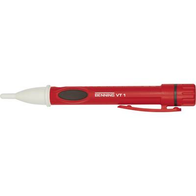 Red voltage tester 'BENNING VT 1' with white tip and black oval, used for testing electrical voltages.