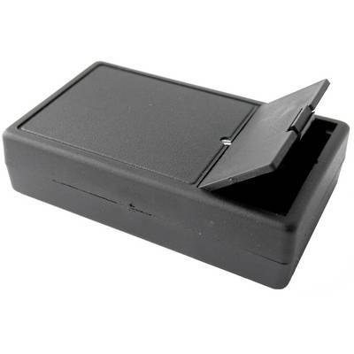 Black plastic container with a hinged lid on the top, suitable for storing small items or electronics.