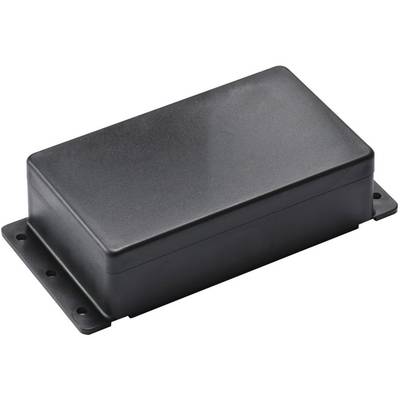 A rectangular, black plastic enclosure with rounded edges and mounting tabs at the corners, likely for electronic components.