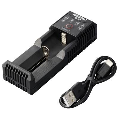 A battery charger with a USB cable. The brand logo is located at the top. The charger has a slot for a battery.