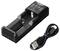 A battery charger with a USB cable. The brand logo is located at the top. The charger has a slot for a battery.