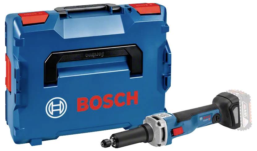 Blue Bosch tool case and power tool set, featuring a cordless straight grinder.