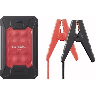 A black and red car battery jump starter with two black and red clamps.