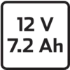 '12 V 7.2 Ah' white text on black background, possibly indicating voltage and capacity of a battery.