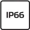 Black square with white border displays 'IP66'. Indicates protection against powerful water jets and dust.