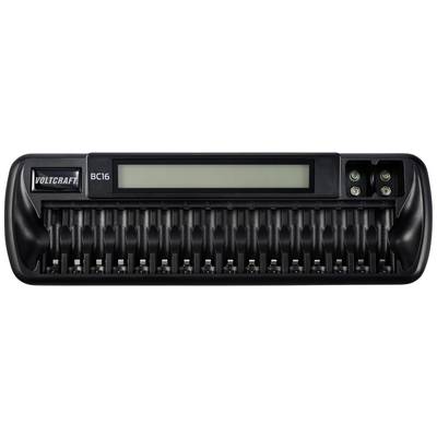 A charger with 12 charging slots, LCD display and two buttons on the top right for settings. Brand name 'Voltcraft BC16'.