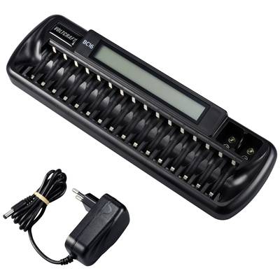 A charger with 16 AA battery slots, LCD display and power supply, suitable for simultaneous charging of multiple batteries.