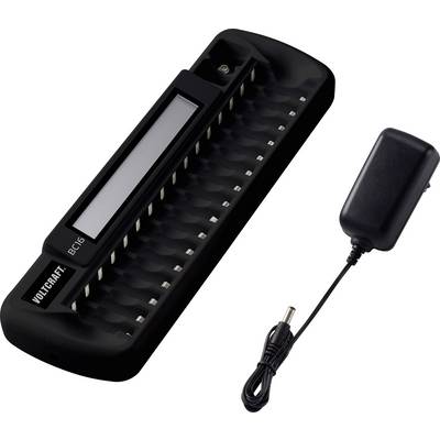VOLTCRAFT BCG16 charger with a range of slots for different batteries, shown with its accompanying power adapter.